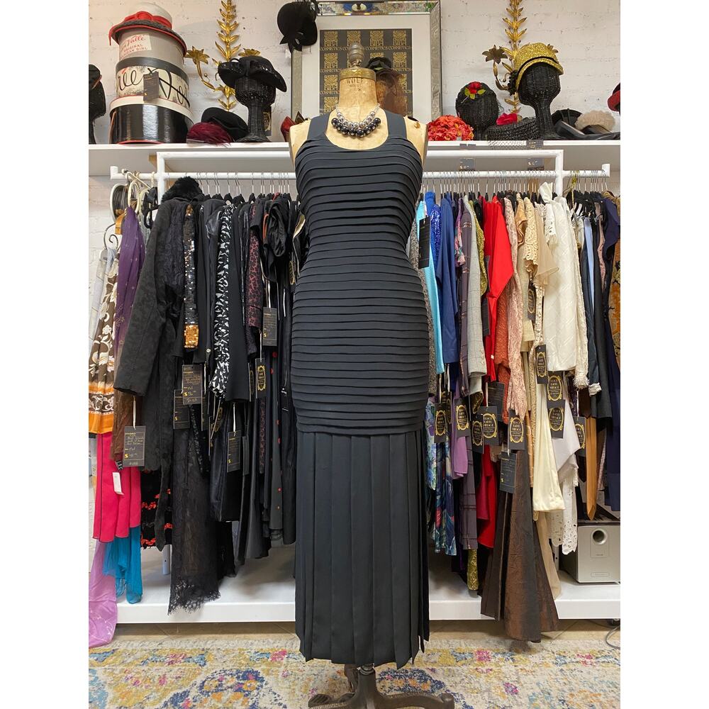 vintage 1990s black crepe pleated carwash dress nicole miller s/m 90s gown cross